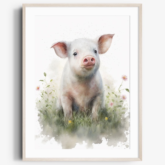 Watercolor Cute Floral Farm Pig Wall Art Illustration Print Poster Unframed - Picture 1 of 7